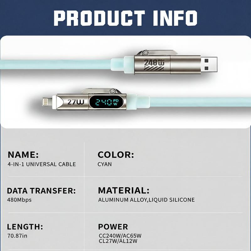 240W 4-In-1 Charging Cable, USB a Type C Lightning, Aluminum Alloy, Liquid Silicone, Durable Charging, Compatible with Iphone 17/16/15, Ipad, Samsung, Laptops