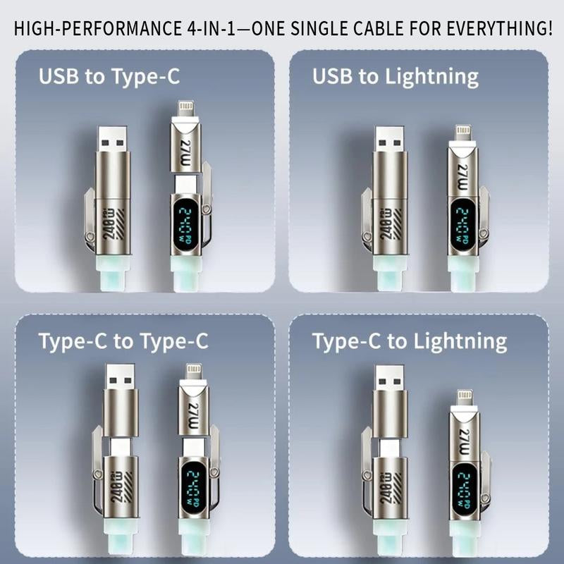 240W 4-In-1 Charging Cable, USB a Type C Lightning, Aluminum Alloy, Liquid Silicone, Durable Charging, Compatible with Iphone 17/16/15, Ipad, Samsung, Laptops